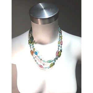 Vintage Artisan Necklace Spring Colors Turquoise Pink Blue Green  Beaded  21"